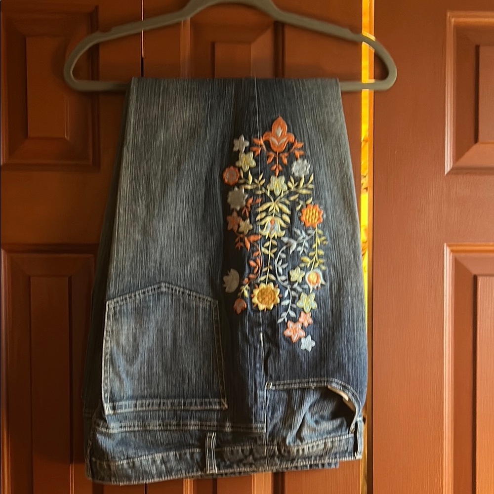 Talbots Blue Boot Cut Jeans with Colorful Floral Design